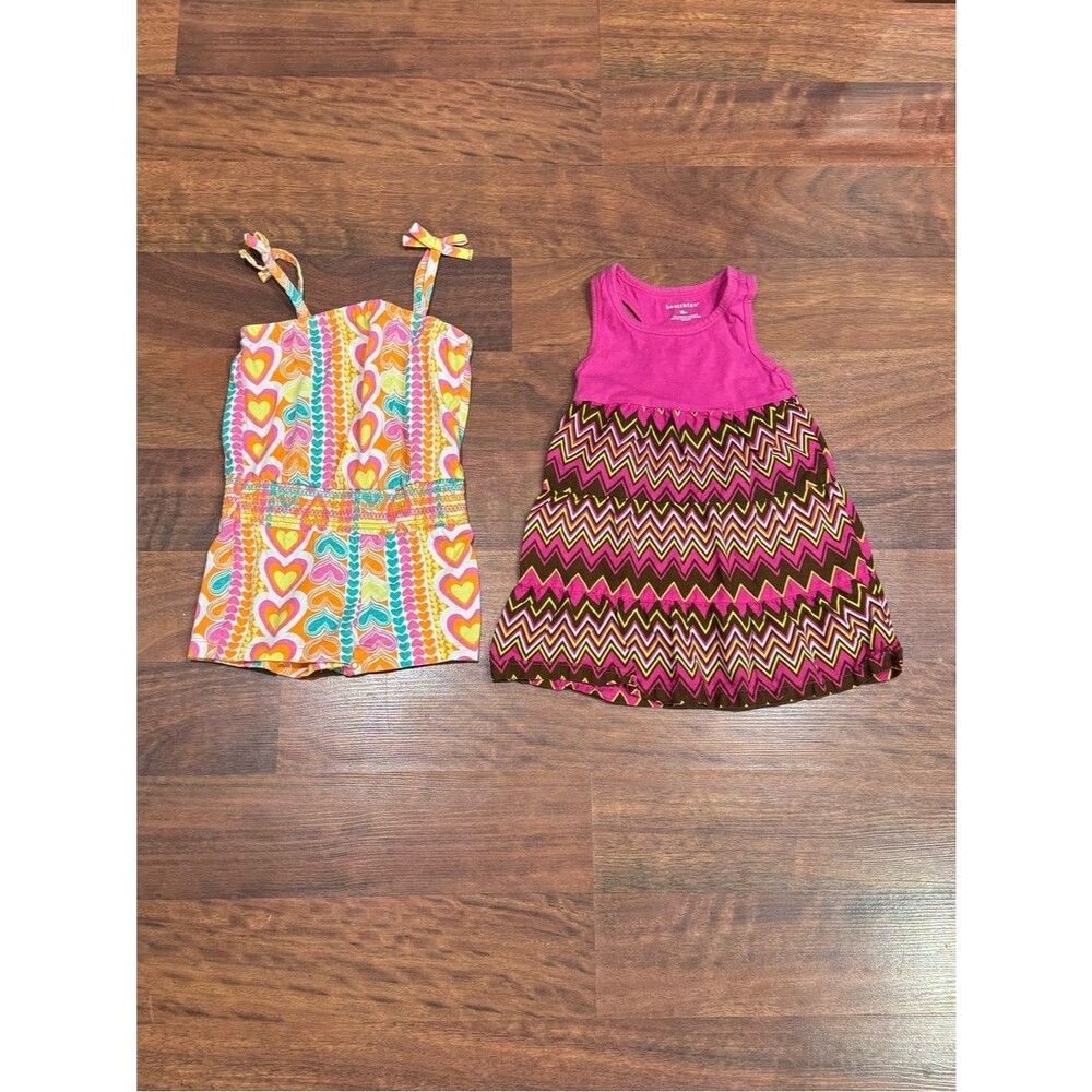 Healthtex - Bundle of Pink Chevron Tank Top Dress and Multicolor Romper